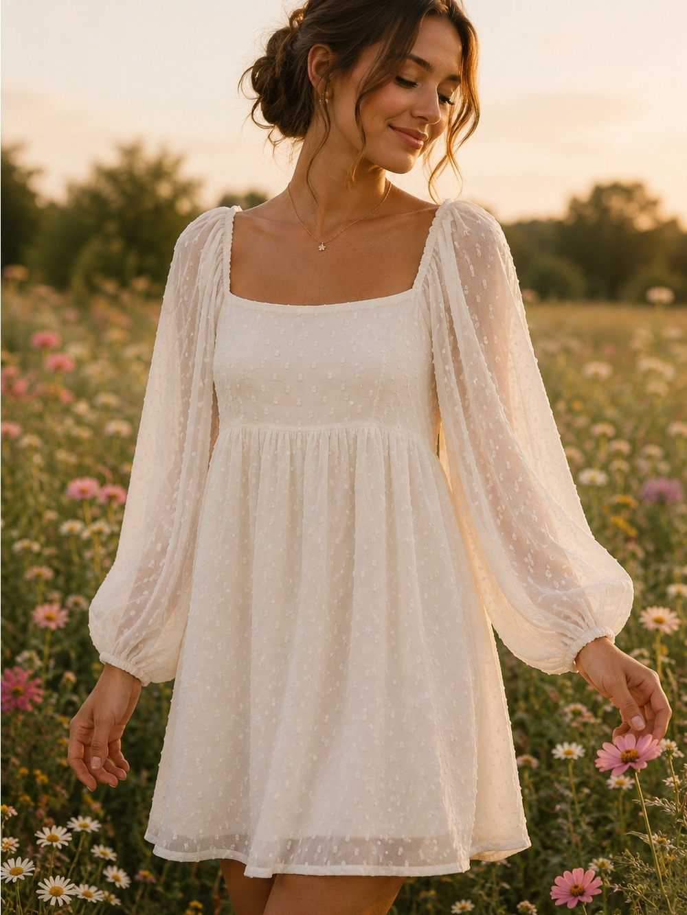 Ivory Swiss Dot Square Neck Mini Dress with Puff Sleeves